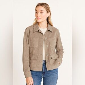 L.L.Bean Jacket‎ Women M Petite Taupe Suede Look Cotton Utility Chore Coat